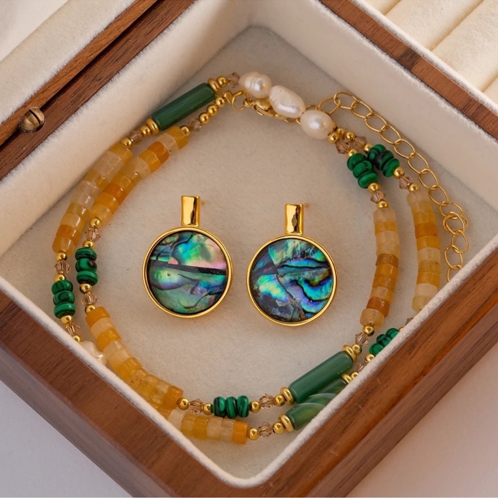 ◾️18k Gold Plated Round Abalone Shell Stud Earrings